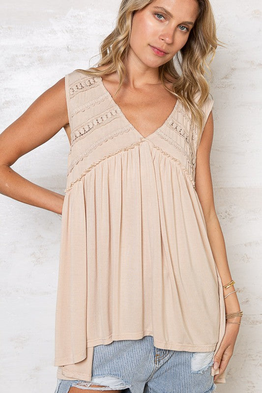 V-Neck Sleeveless Top-Almond