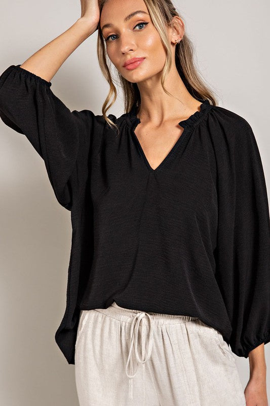 Ruffled Puff Blouse-Black