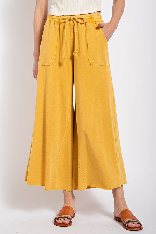 09530 WASHED TERRY KNIT WIDE LEG PANTS - Mustard