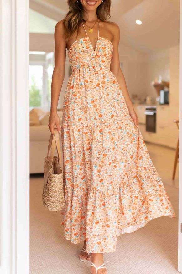 Floral Halter Ruched Maxi Dress