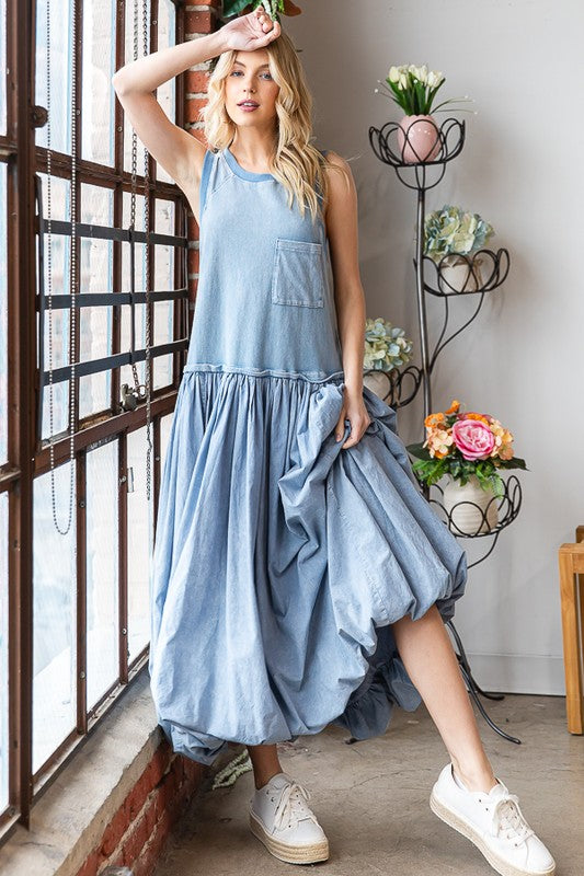 Ballon Shirt Dress-Lt Denim