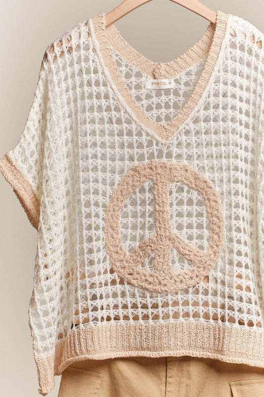 Peace Patch V Neck Crochet Knit Top-Peach