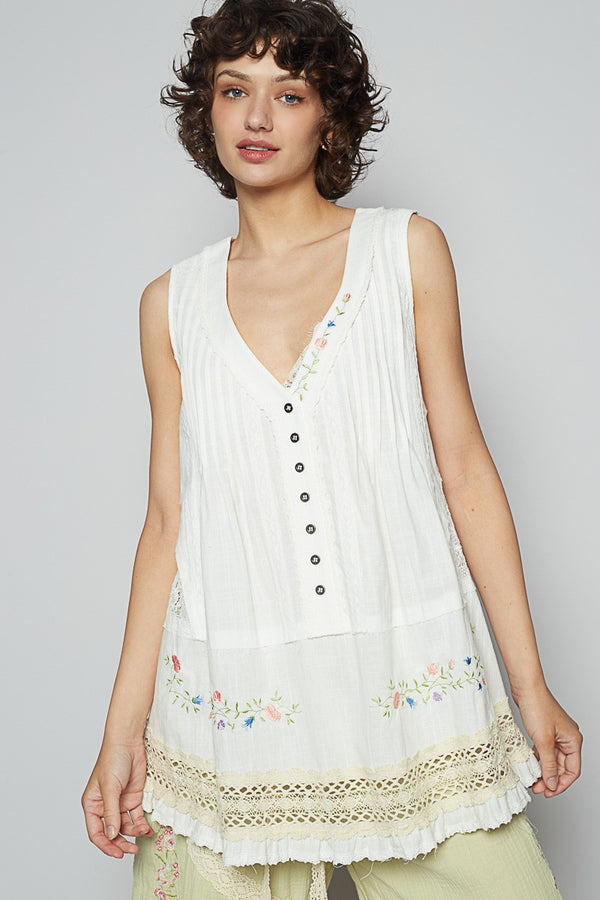 V-Neck Sleeveless Lace Woven Top