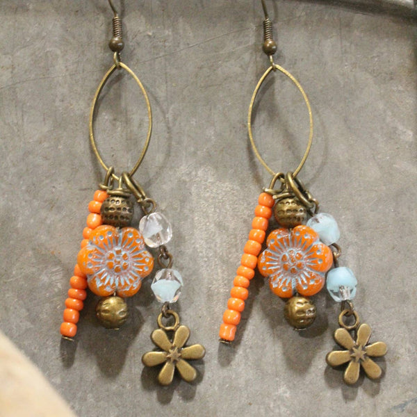 101812 Czech Flower Stone Earrings