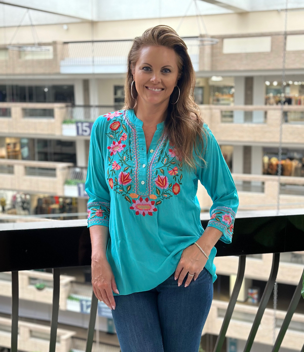 Embroidered Floral Top-Turquoise