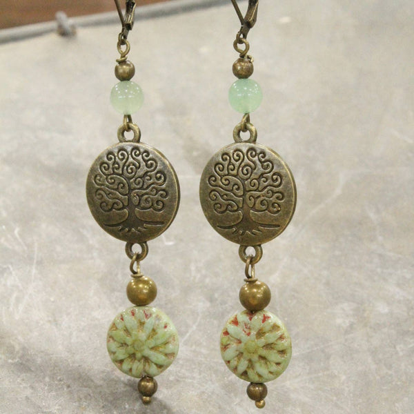 101810 Tree Of Life Czech Coin Jade Earrings