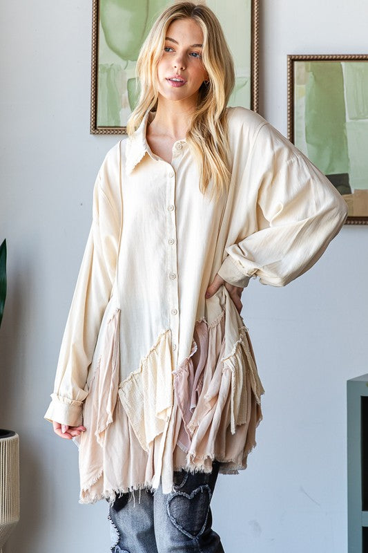 Pieced Ruffle Shirt-Taupe