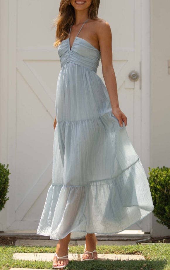 Blue Halter Ruched Maxi Dress