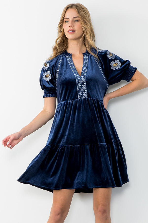 Embroidered Velvet Dress-Navy