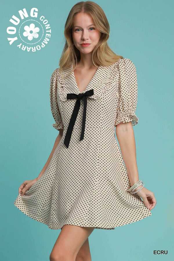 Ecru Polka Dot V-Neck Mini Dress