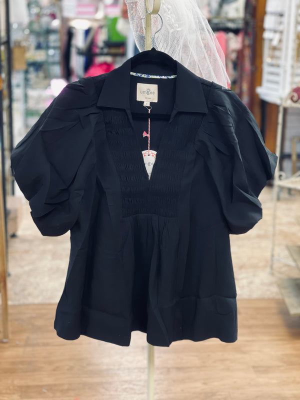 Black-Bubble Sleeve Top With Front Yoke