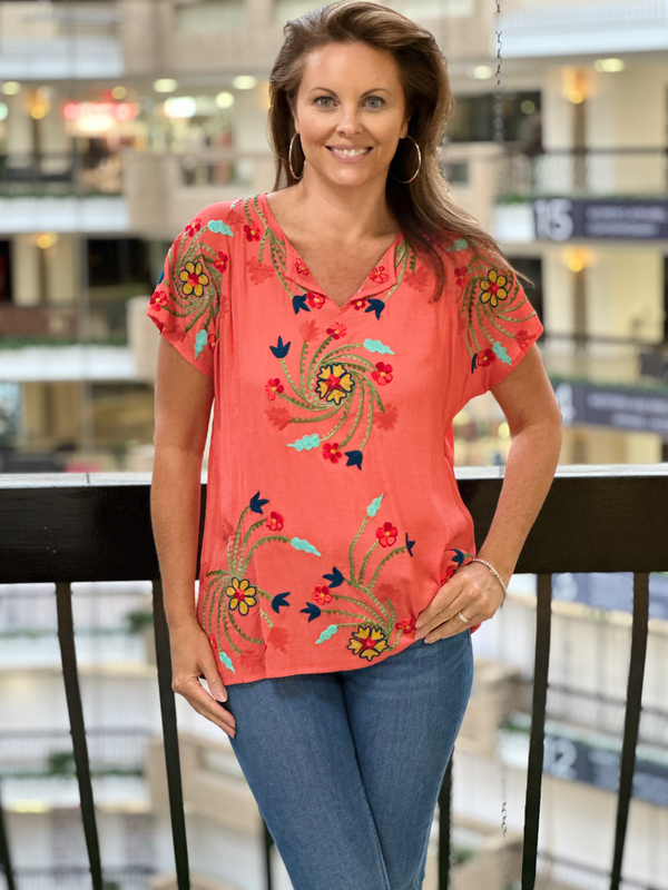 Embroidered Floral Top-Coral