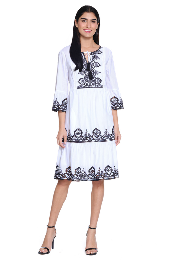 Embroidered White/w Black Tiered Dress