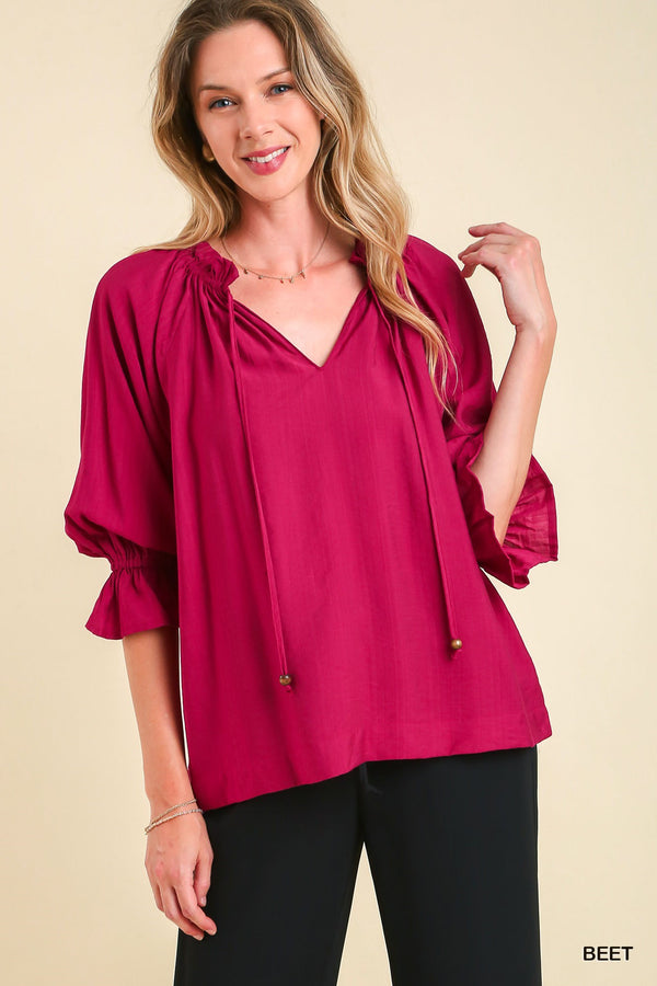 Ruffle V-Neck Top-Beet