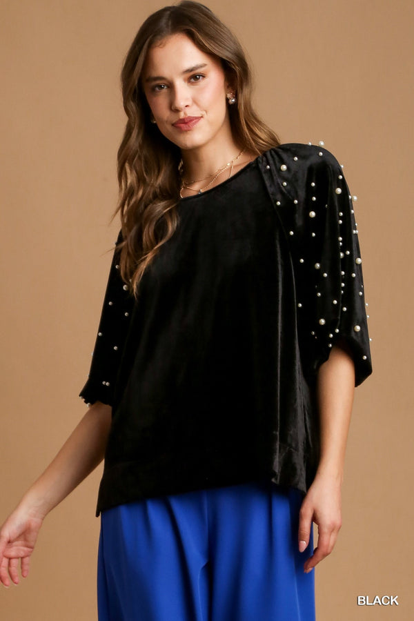 Velvet Top w/Pearls-Black