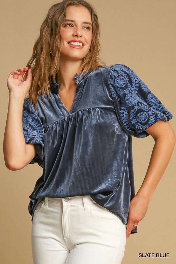 Velvet Embroidered Sleeve Top - Slate Blue