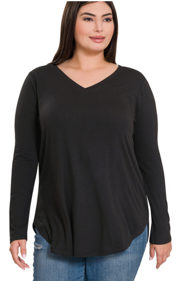 Curvy V-Neck Round Hem Top-Black