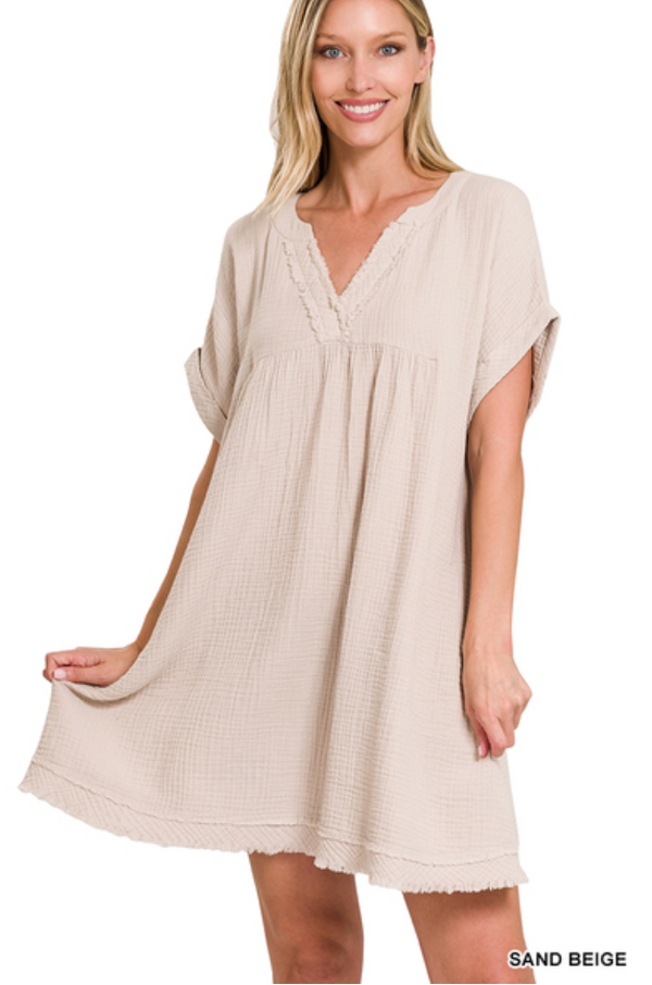 Double Gauze V-Neck Dress-Sand Beige