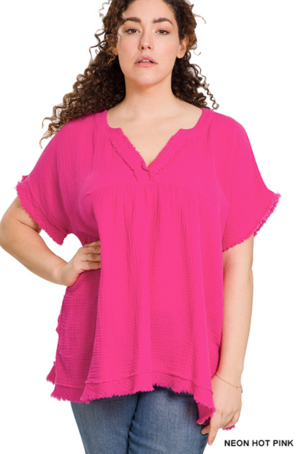 Curvy Gauze Raw Edge Top-Hot Pink