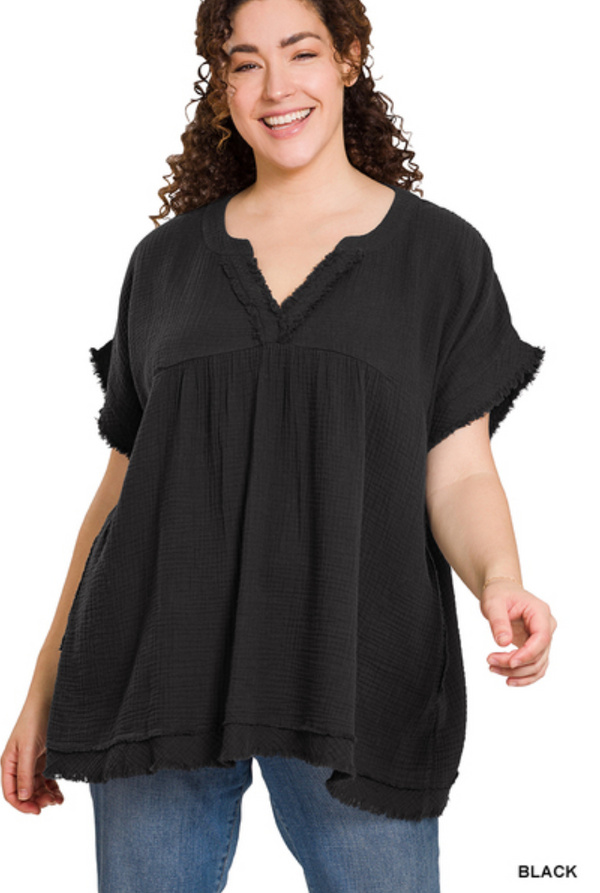 Curvy Gauze Raw Edge Top-Black