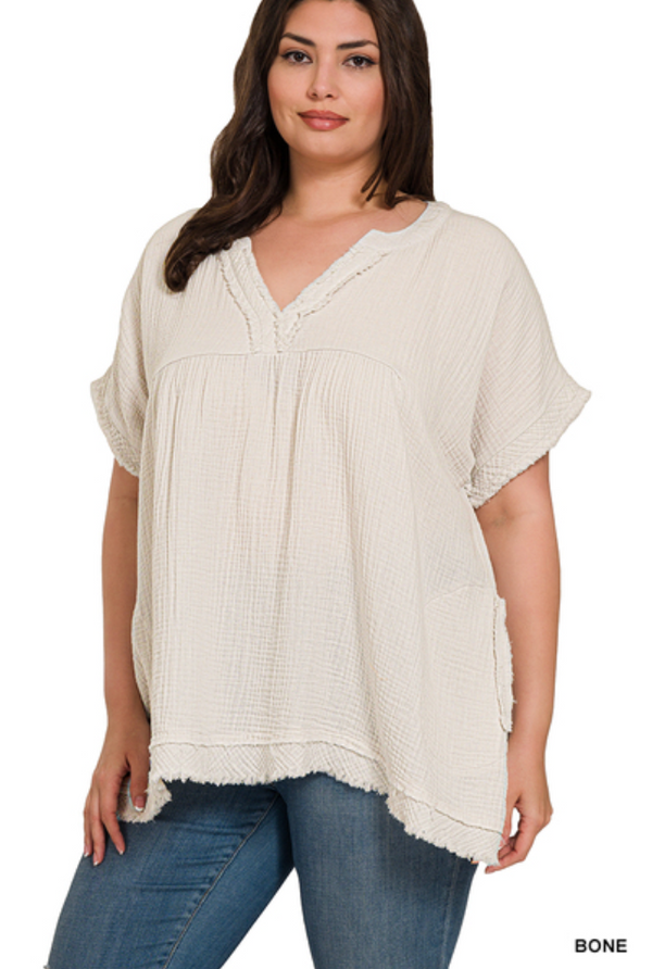 Curvy Gauze Raw Edge Top-Bone