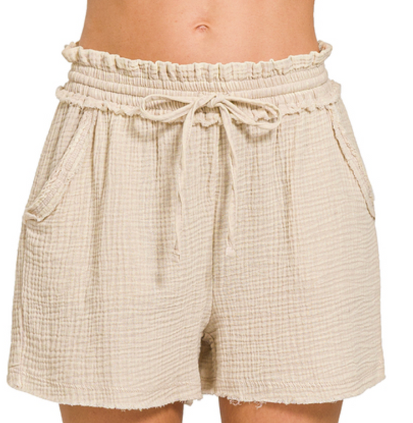 Gauze Frayed Shorts-Sand Beige