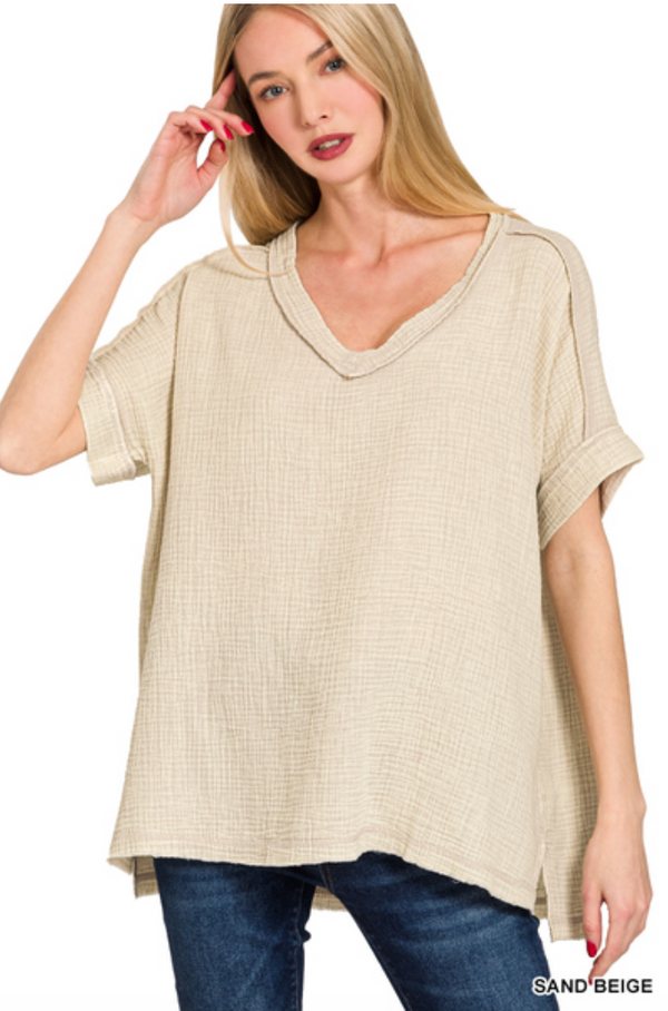 Gauze V-Neck Tee-Sand Beige