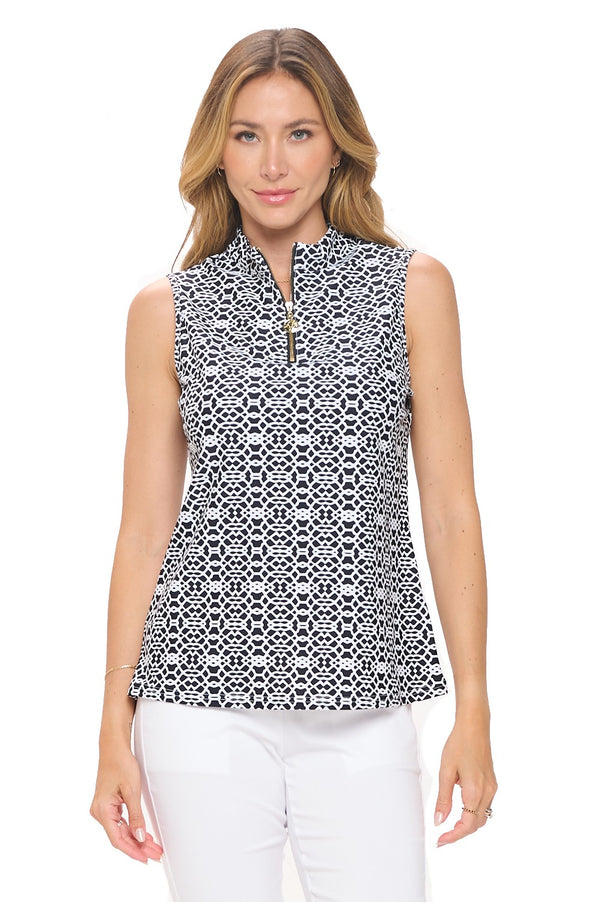 Sleeveless Front Zip Top-Black/White