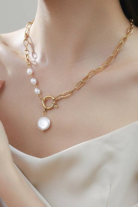 Titanium Steel Pearl Necklace-Gold