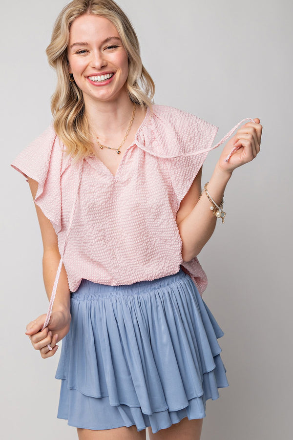 Woven Wing Sleeve Top-Pink