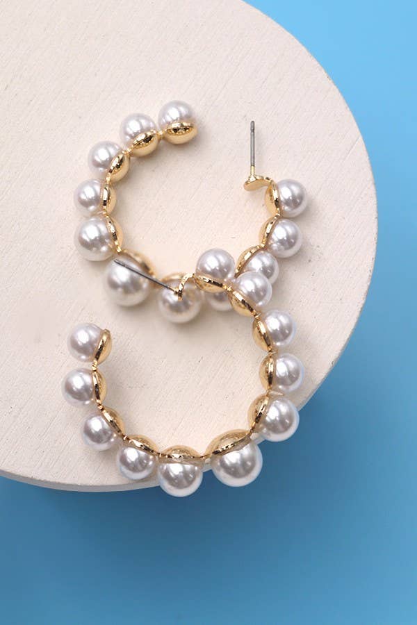 09887 Pearl Hoop Earrings: Gold